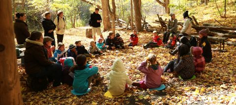 teacher and students at Kortright Centre Forest School