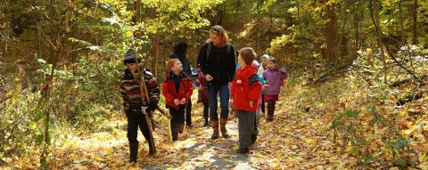 teacher and students explore trail at Kortright Centre