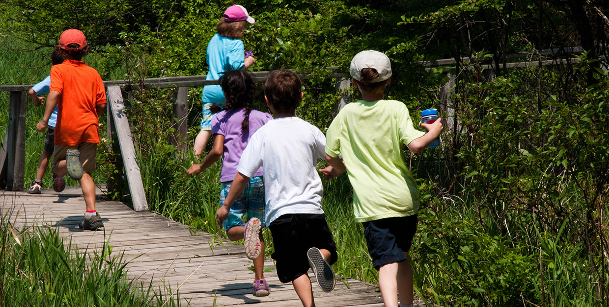 kids run on the boardwalk at Kortright Centre