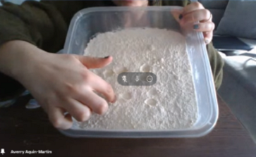 The Nature School educator Ms Averry uses a pan full of flour to simulate snow