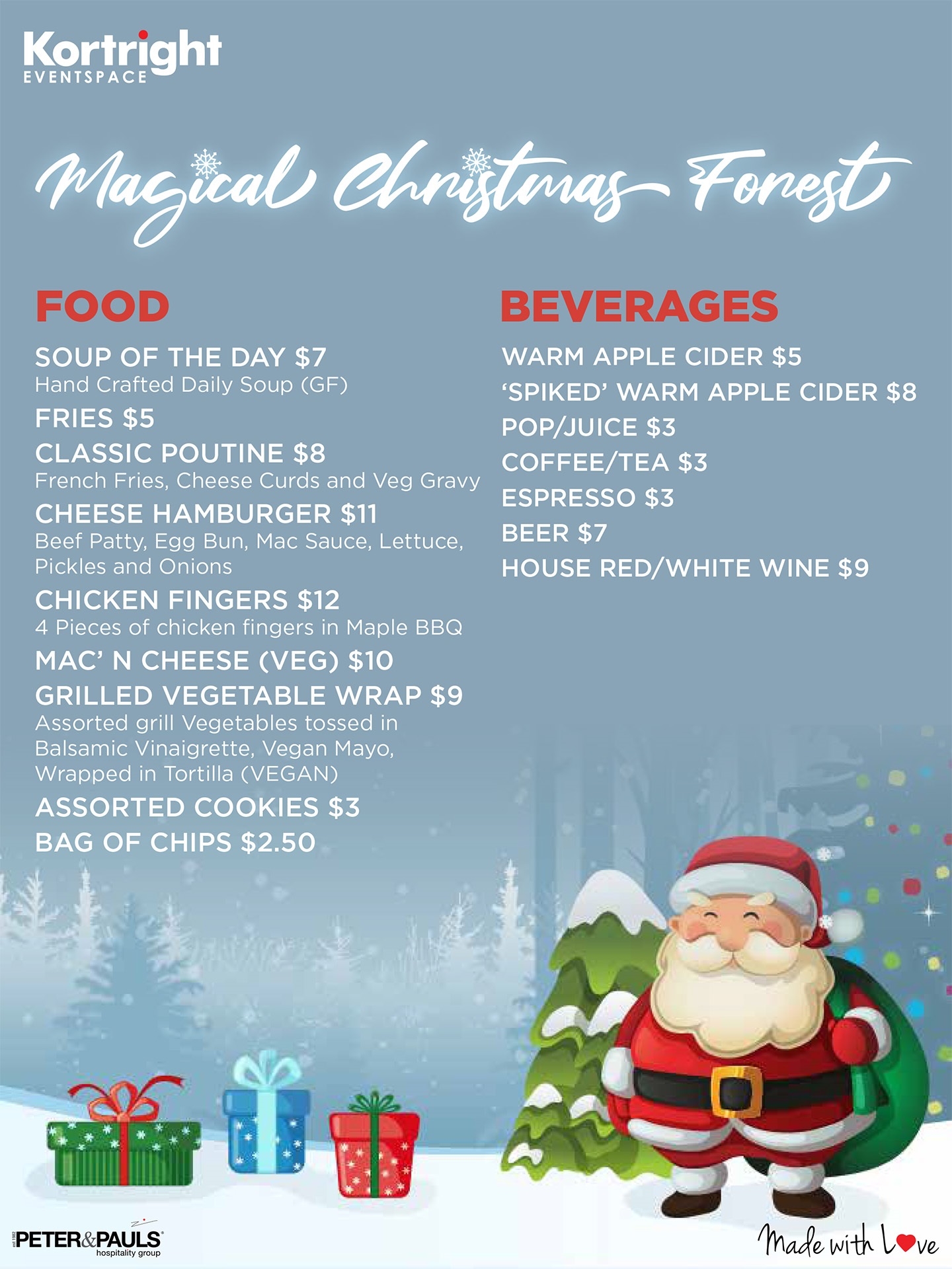 Magical Christmas Forest food and beverage menu