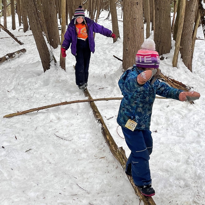 students frolic outdoors in the snow at a TRCA winter day camp at Kortright Centre