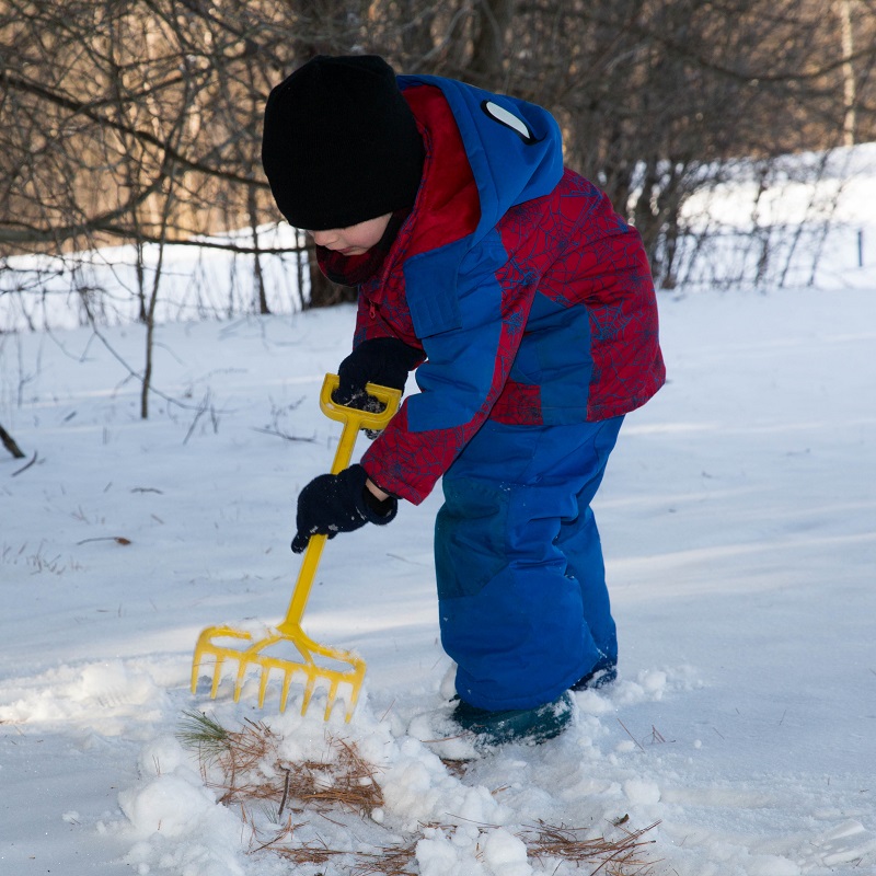 a Little Saplings program student plays in the snow at Kortright Centre for Conservation