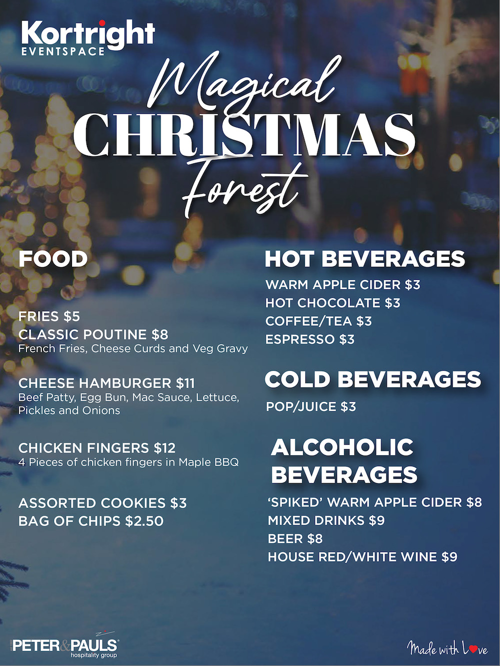 Kortright Magical Christmas Forest food and beverage menu