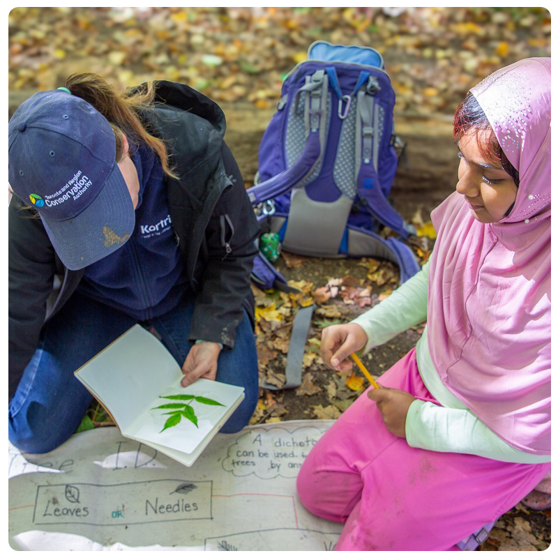 a teacher and student experience outdoor learning together in the Nature School weekend program at Kortright Centre for Conservation